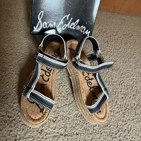 Sam Edelman Artica Woven Flatform Wedge Platform Espadrilles Sandal BLACK WHITE - Picture 16 of 16